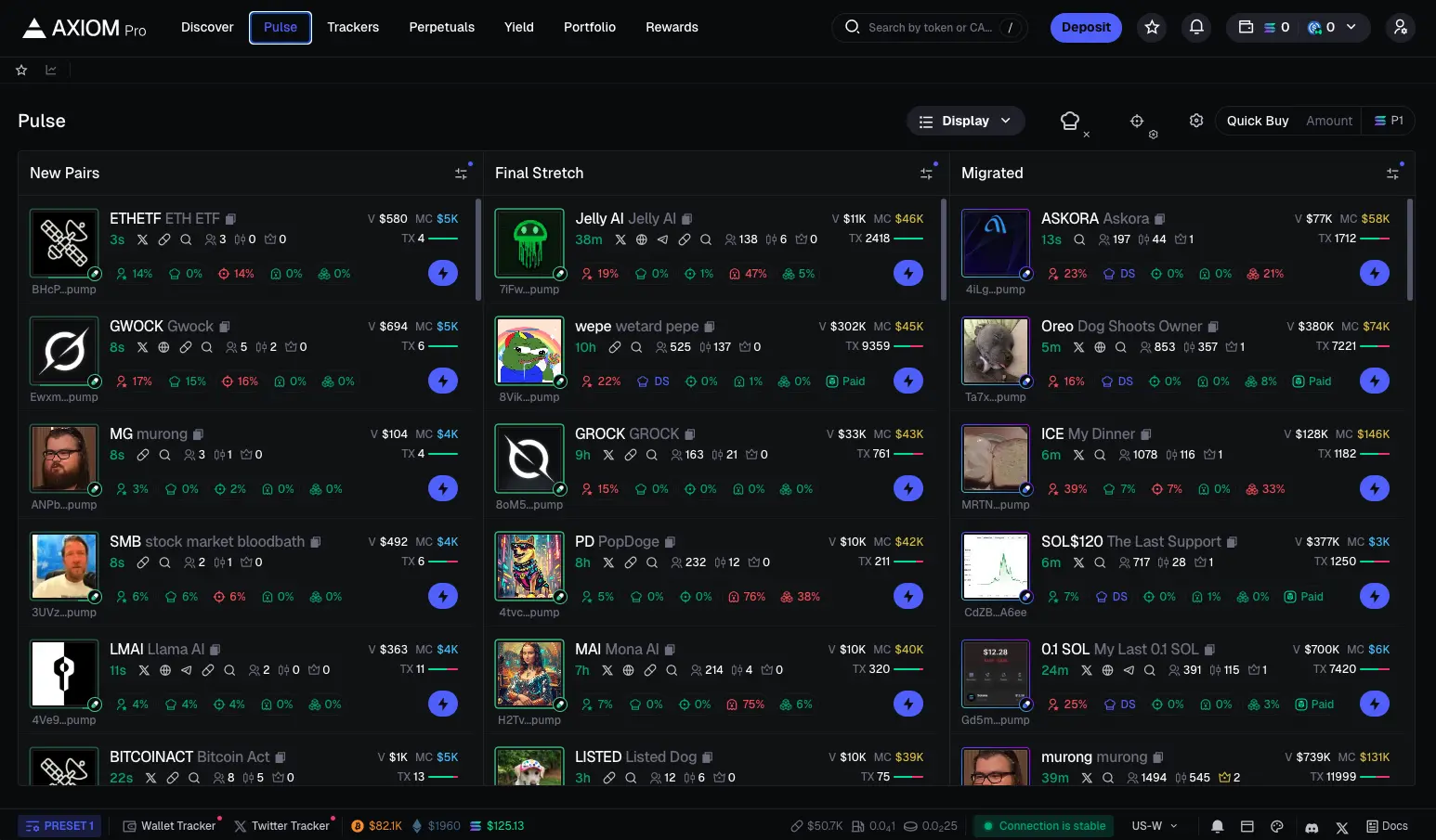 Axiom Pulse showing new Solana token launches